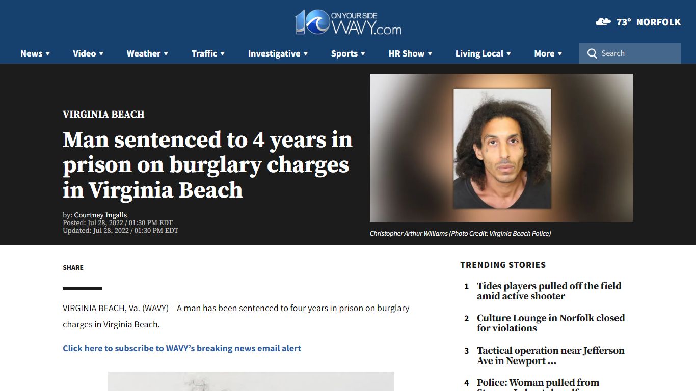 Man sentenced to 4 years in prison on burglary charges in Virginia Beach